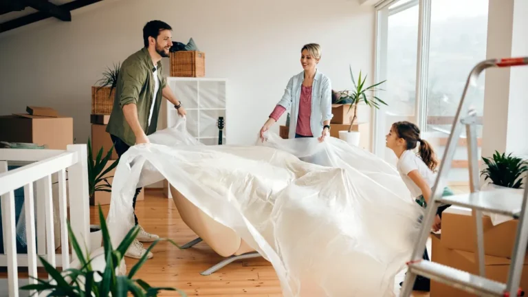 Family covering a sofa with protective plastic in their new home among moving boxes
